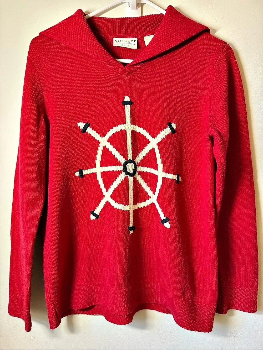 Liz Claiborne Villager Red Nautical Knit Sweater sailor collar classic coastal